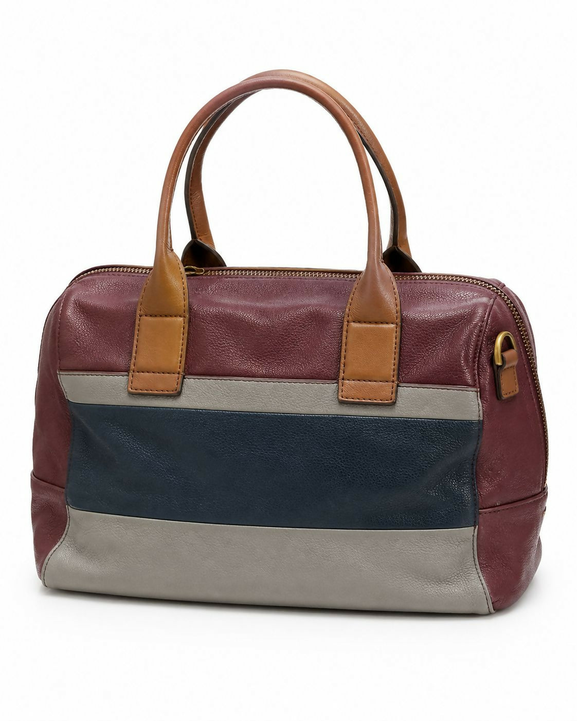 Fossil Colour-Block Leather Satchel Handbag | Burgundy, Navy & Grey