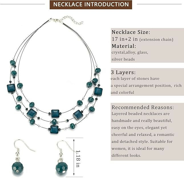 Layered Silver & Emerald Beaded Necklace & Earrings Set