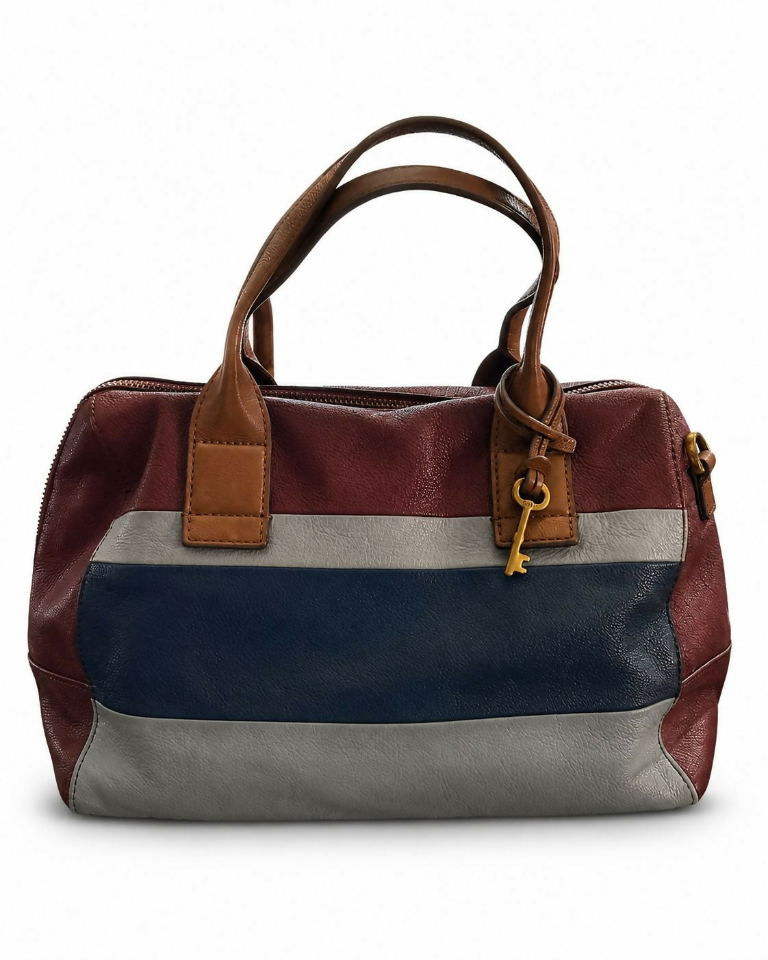 Fossil Colour-Block Leather Satchel Handbag | Burgundy, Navy & Grey