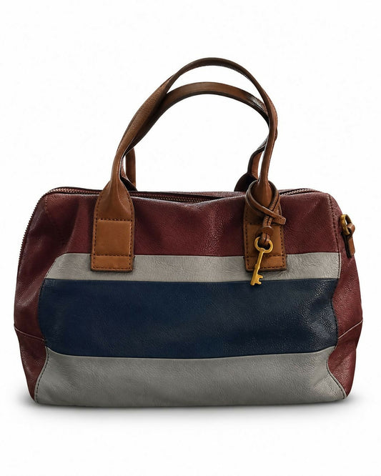 Fossil Colour-Block Leather Satchel Handbag | Burgundy, Navy & Grey