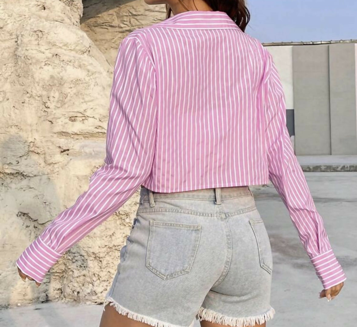 Flirla Striped Cropped Shirt,Long Sleeve Tops