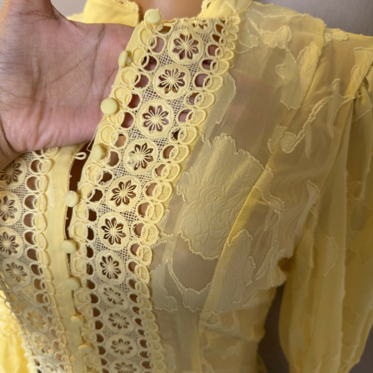 Yellow Lace Puff Sleeve Blouse