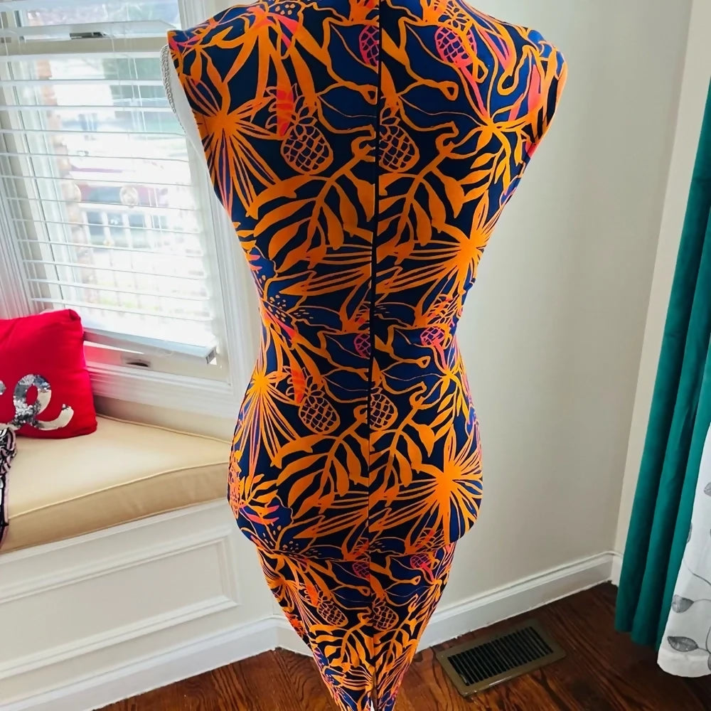 Sleeveless V-Neck Orange Navy Floral Sheath Dress